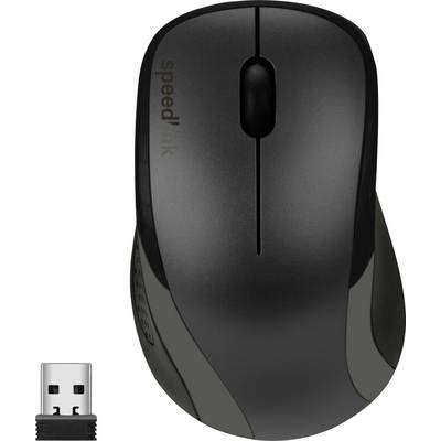 Bezdrôtová čierna počítačová myš s ergonomickým dizajnom, vedľa malého USB prijímača. Ideálna pre pohodlnú prácu na počítači.