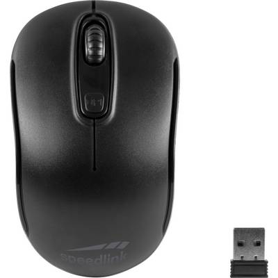Čierna bezdrôtová počítačová myš s rolovacím kolieskom a USB prijímačom na bielom pozadí. Značka 'speedlink' je viditeľná.