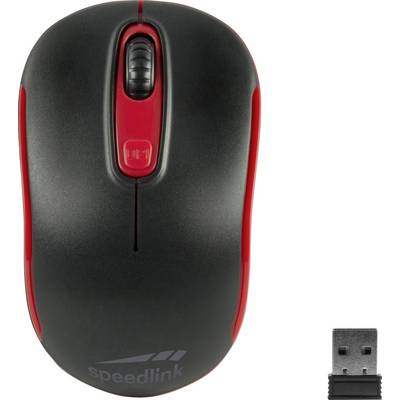 Bezdrôtová čierna a červená počítačová myš s USB prijímačom, vhodná pre pripojenie k PC a mobilné ovládanie.