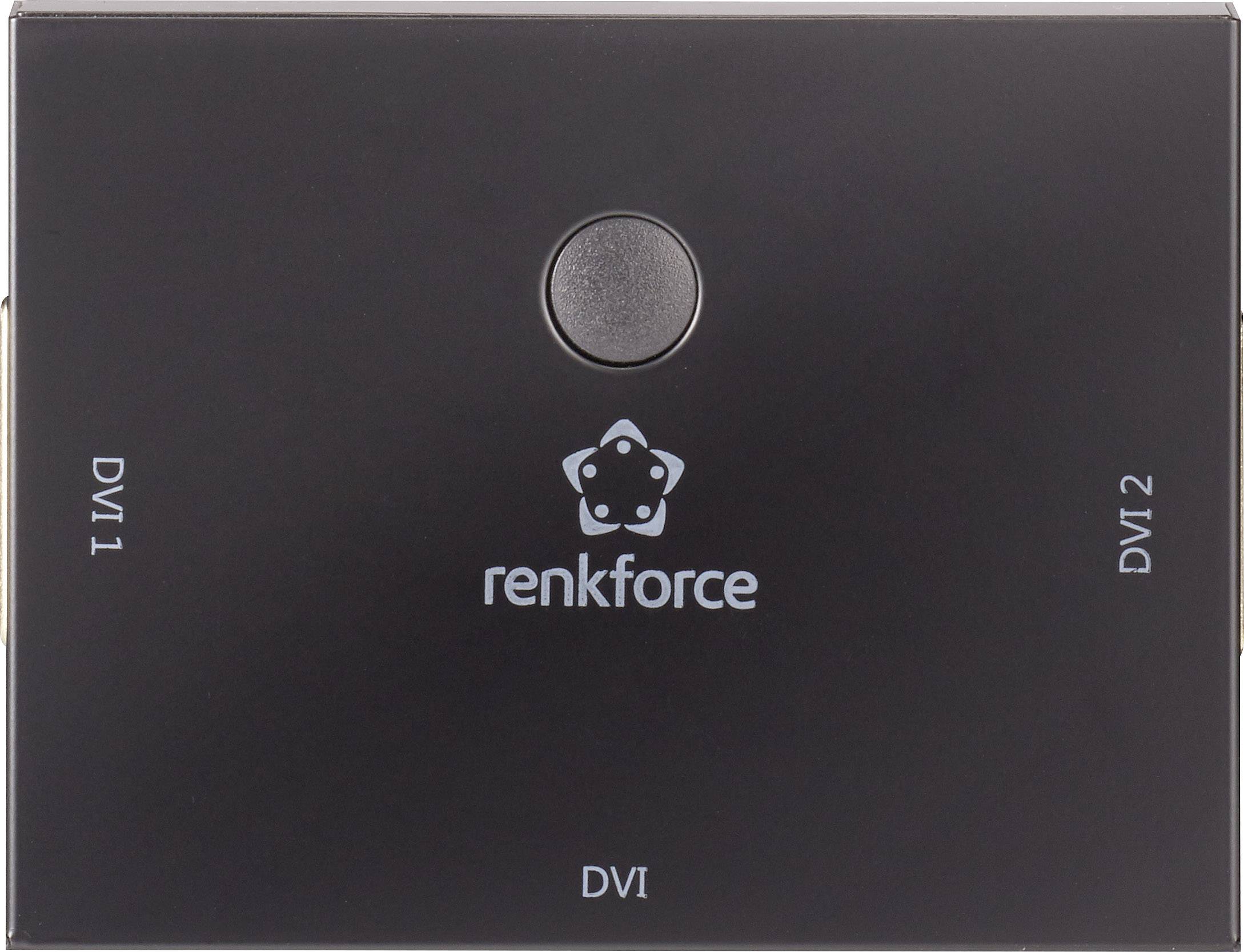 Čierny DVI prepínač od Renkforce s prípojkami DV1 a DV2, centrálne tlačidlo prepínania hore.