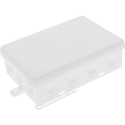 Obdĺžniková, sivá elektrická rozvodná krabica z plastu so snímateľným krytom, vhodná pre elektrické spoje, pohľad zboku s otvormi.