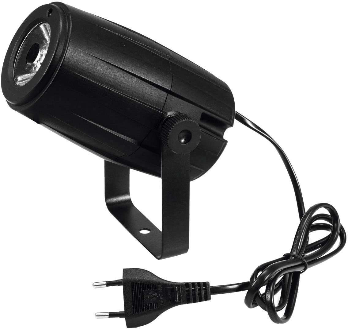 Čierny LED projektor so zástrčkou a káblom. Má kompaktný dizajn a je vhodný na uchytenie na povrchu.