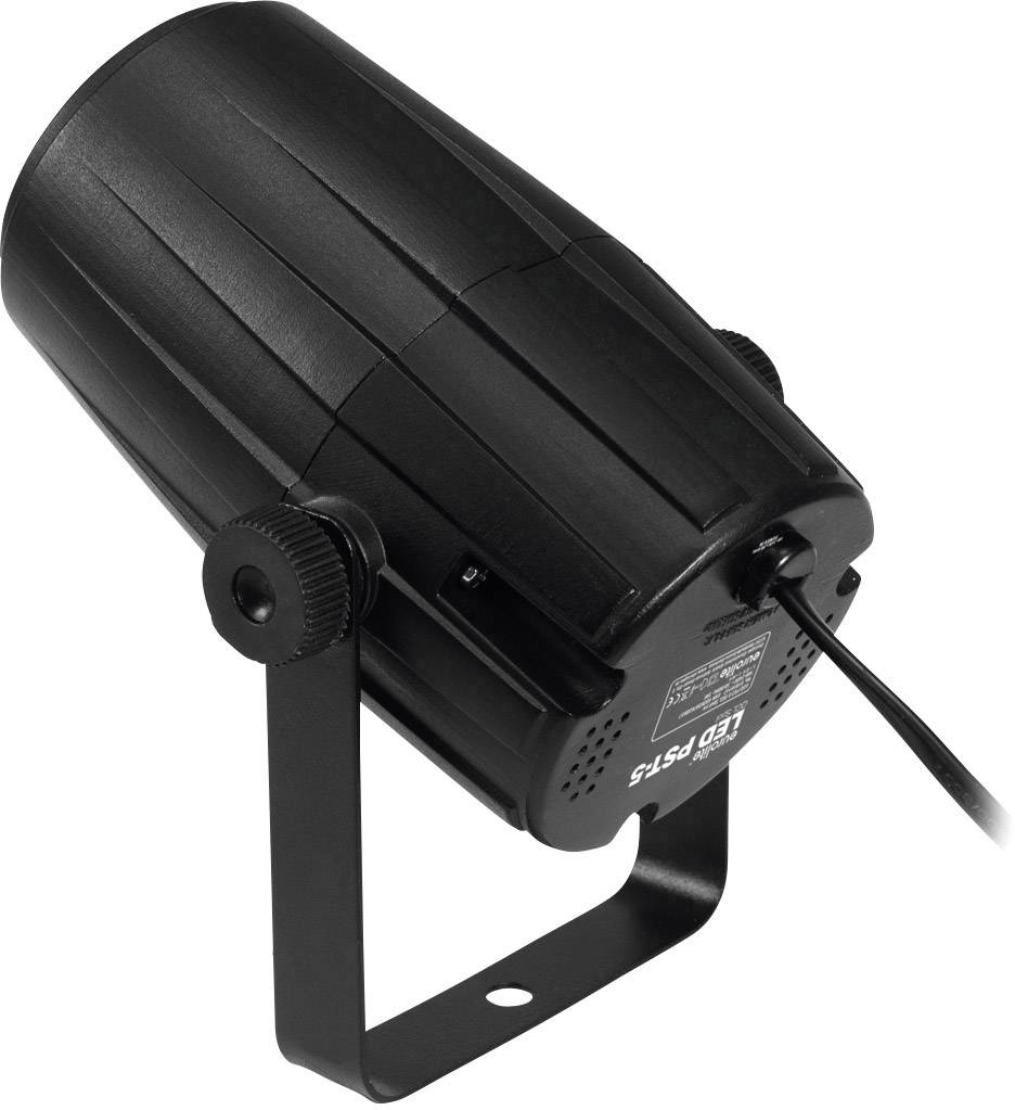 Čierny LED PAR reflektor s nastaviteľným stojanom; vhodný na osvetlenie javísk alebo podujatí.