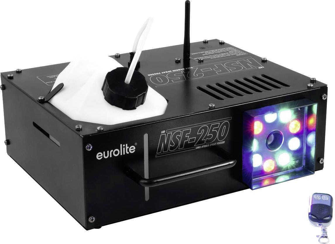 Čierna hmlovková mašina značky Eurolite s LED svetlami na prednej strane. Má nádrž a diaľkové ovládanie.