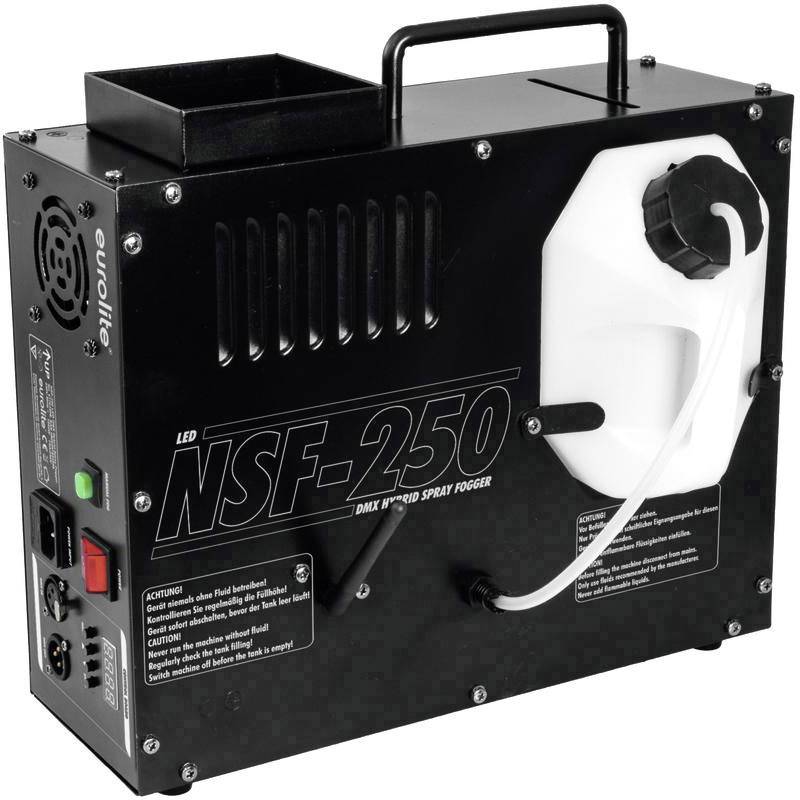 Čierna hmlovacia machine s nápisom 'LED NSF-250' a nádobkou na kvapalinu na boku. Má ovládacie prvky a prípojky.