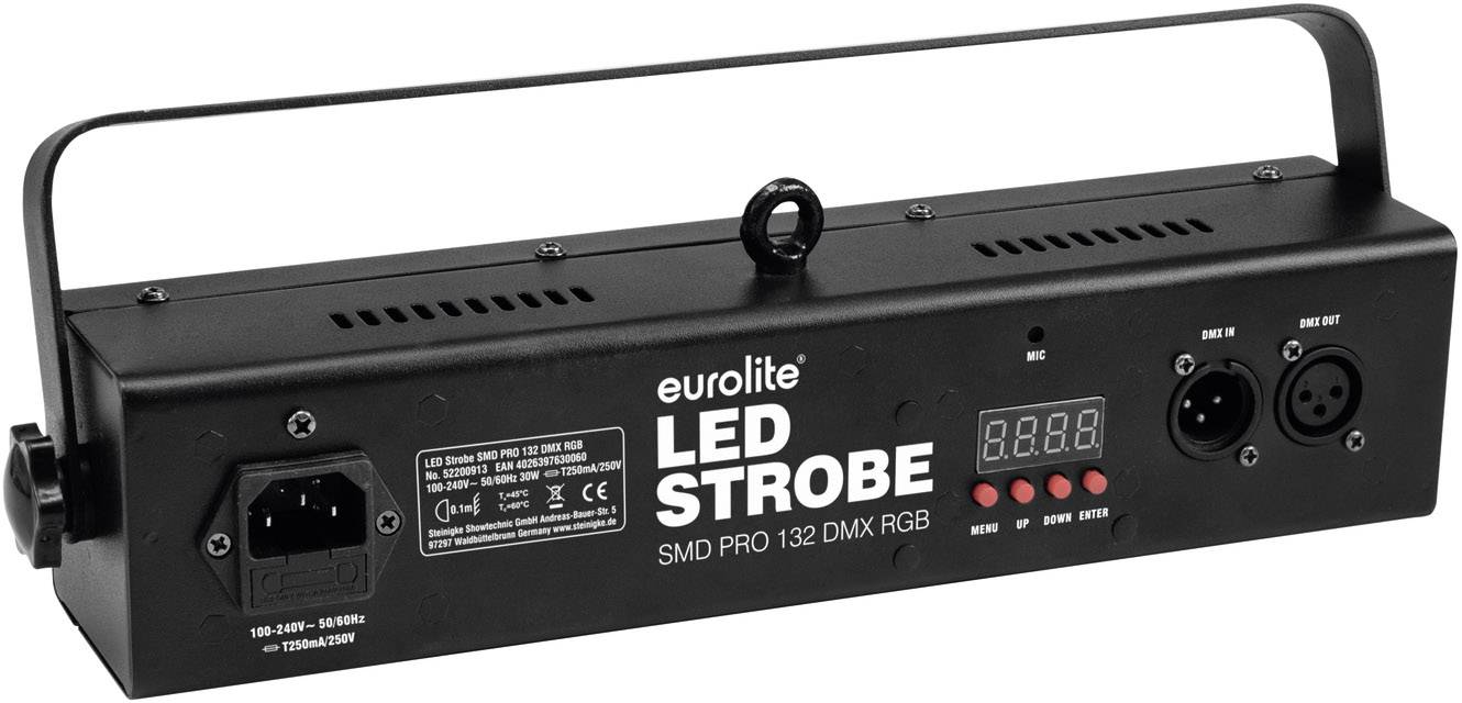 Čierne Eurolite LED stroboskopické svetlo, model SMD PRO 132 DMX RGB, s ovládacími prvkami a konektormi pre DMX riadenie.