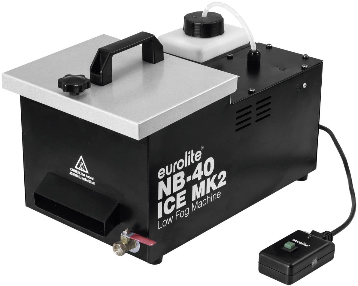 Hmlovací stroj 'eurolite NB-40 ICE MK2' s čiernym krytom, rukoväťou a diaľkovým ovládačom. Zariadenie vytvára hustú nízko ležiacu hmlu.