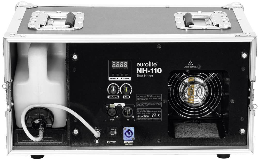 'Hmlovák s ventilátorom, nádržou na vodu a ovládacími prvkami, vhodný pre javiskové efekty. Označený ako "Eurolite NH-110 Tour Hazer".'