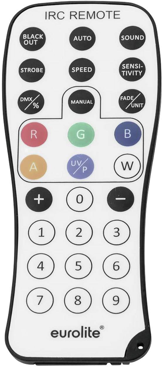 Diaľkový ovládač s tlačidlami pre farby, módy, rýchlosť a hlasitosť. Značka 'eurolite' dole.