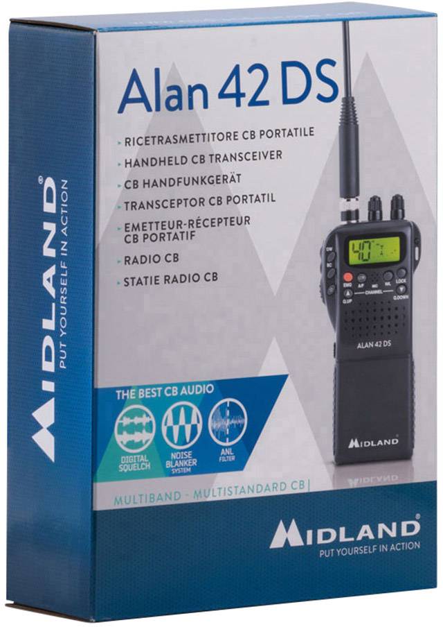 Balenie prenosnej CB rádiostanice, model 'Alan 42 DS' od spoločnosti Midland. Obsahuje informácie o funkciách a príslušenstve.