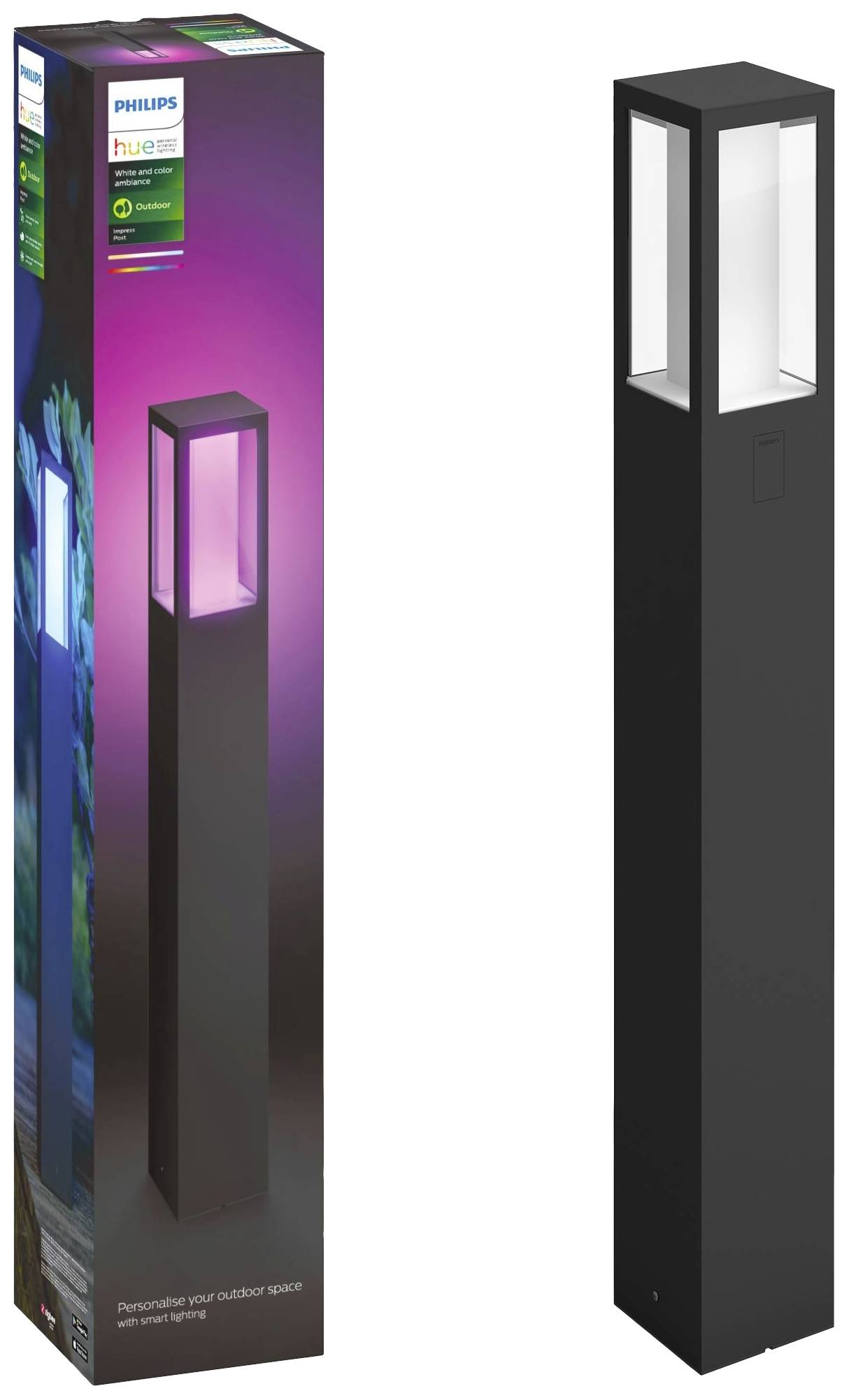 Čierne vonkajšie svetlo Philips Hue vedľa jeho obalu. Obal zobrazuje možnosti zmeny farby a logo Philips Hue.