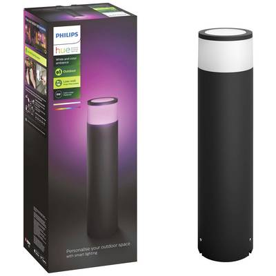 Vonkajšie svietidlo Philips Hue s čiernym krytom, v krabici s farebným osvetlením na obale. Text na obale: „Do exteriéru, Nízke napätie."