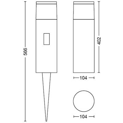 Rozmery valcovej lampy so zemným kolíkom: výška 566 mm vrátane kolíka, priemer 104 mm, výška tela 402 mm.