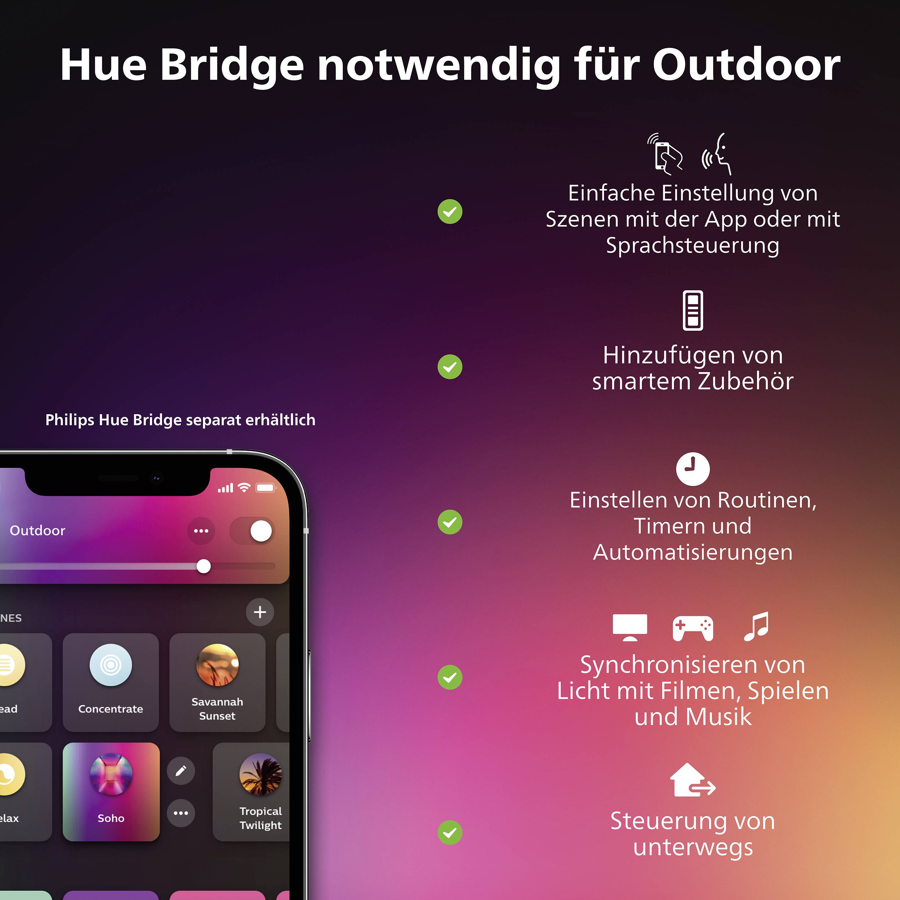 Smartfónový displej zobrazuje aplikáciu Philips Hue, obklopený textom o ovládaní scén a funkciách Hue Bridge pre vonkajšie priestory.