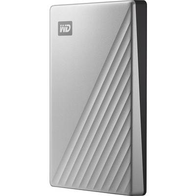 Externý strieborný externý pevný disk s diagonálnym líniovým vzorom a logom WD v ľavom hornom rohu.