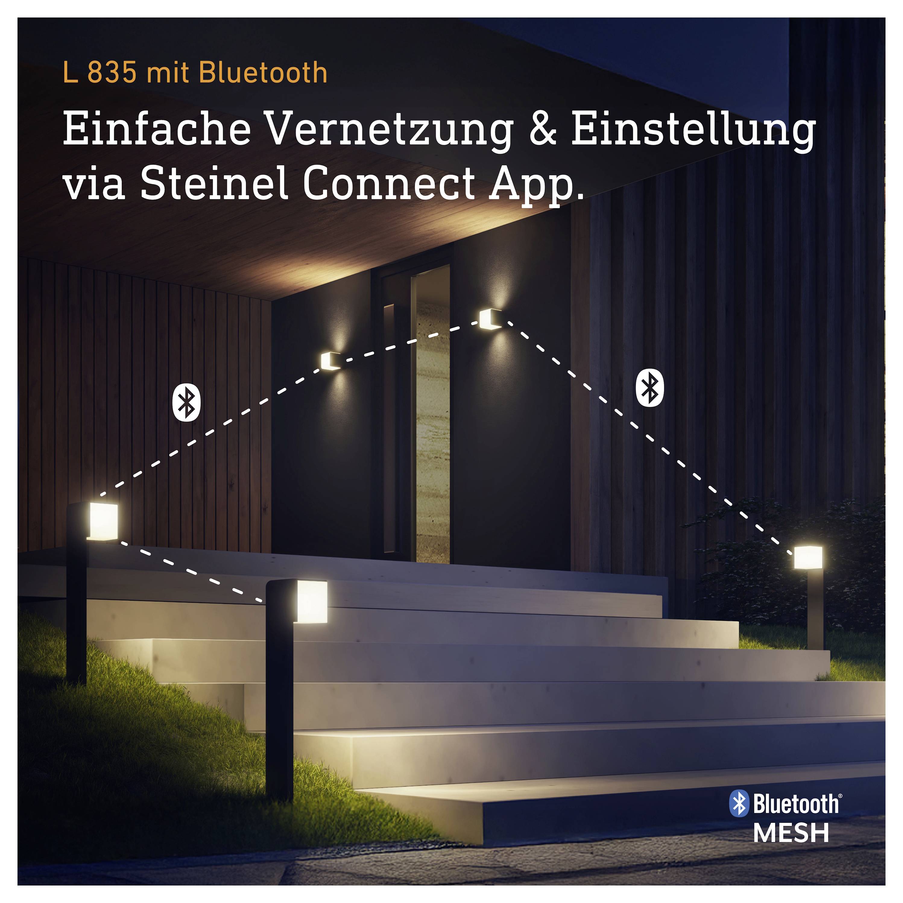 Steinel L 835 s Bluetooth: Domáce osvetlenie sa prepája a nastavuje prostredníctvom aplikácie Steinel Connect; Bluetooth Mesh spája svetlá.