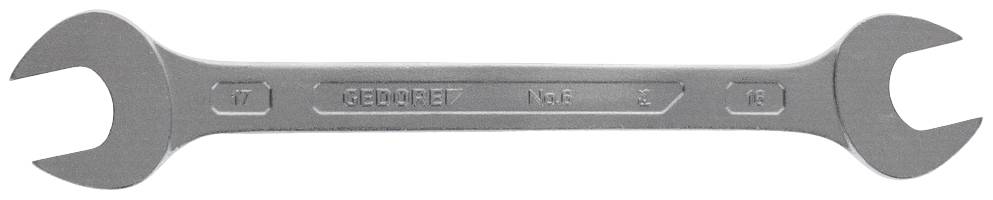 Strieborný obojstranný kľúč s veľkosťami 17 mm a 18 mm na jednotlivých koncoch.