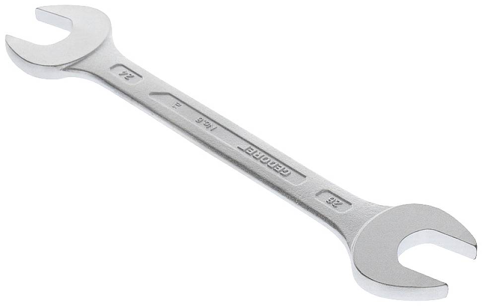 Strieborný obojstranný kľúč s veľkosťami 17 mm a 19 mm, vyrobený z kovu, na bielom pozadí.
