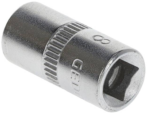Šesťhranný nástrčný kľúč s veľkosťou 8 mm, vyrobený zo strieborného kovu, s hladkou a vrúbkovanou textúrou, určený na uťahovanie skrutiek.