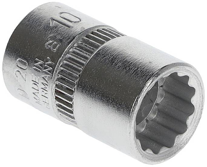 Nástrčný kľúč v striebornej farbe, veľkosť 10 mm, s vrúbkovaným koncom pre lepšie uchopenie.