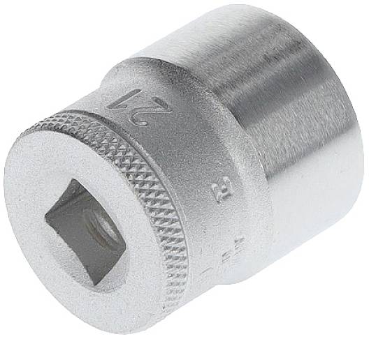 Kovový nástavec na kľúč veľkosti 21 mm, valcovitý, s vrúbkovaným povrchom pre lepšie uchopenie.