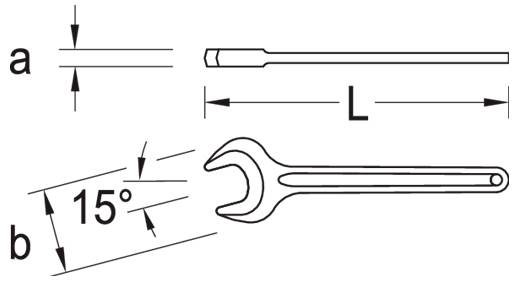 Diagram kľúča a rozmerov stopky nástroja: „a" ukazuje hrúbku; „b" ukazuje uhol 15°; „L" označuje dĺžku.