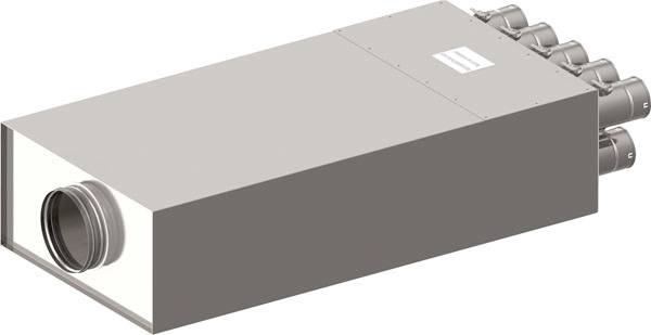 Vetracia jednotka s viacerými výstupmi a jedným vstupom. Obdĺžnikový tvar, vhodná pre použitie vo vetracích systémoch.