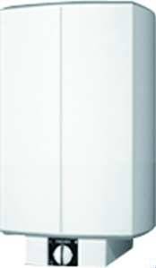 Biely, na stenu namontovaný ohrievač vody s regulátorom teploty v strednej spodnej časti.