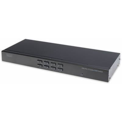 Čierny USB-PS/2 KVM prepínač s viacerými tlačidlami na prednej strane na ovládanie a prepínanie medzi počítačmi.