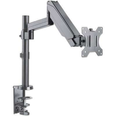 Čierna držiak monitora s nastaviteľným ramenom a svorkou na upevnenie na stôl. Vhodný na ergonomické umiestnenie obrazovky.
