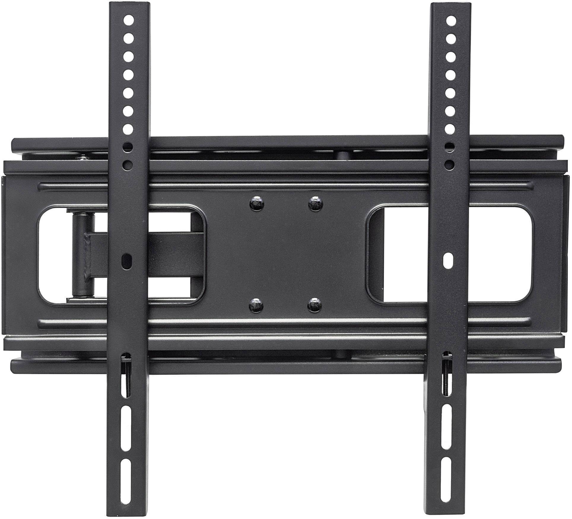 Televízny stenový držiak z čierneho kovu, určený na upevnenie a nastavenie sklonu televízora na stene.