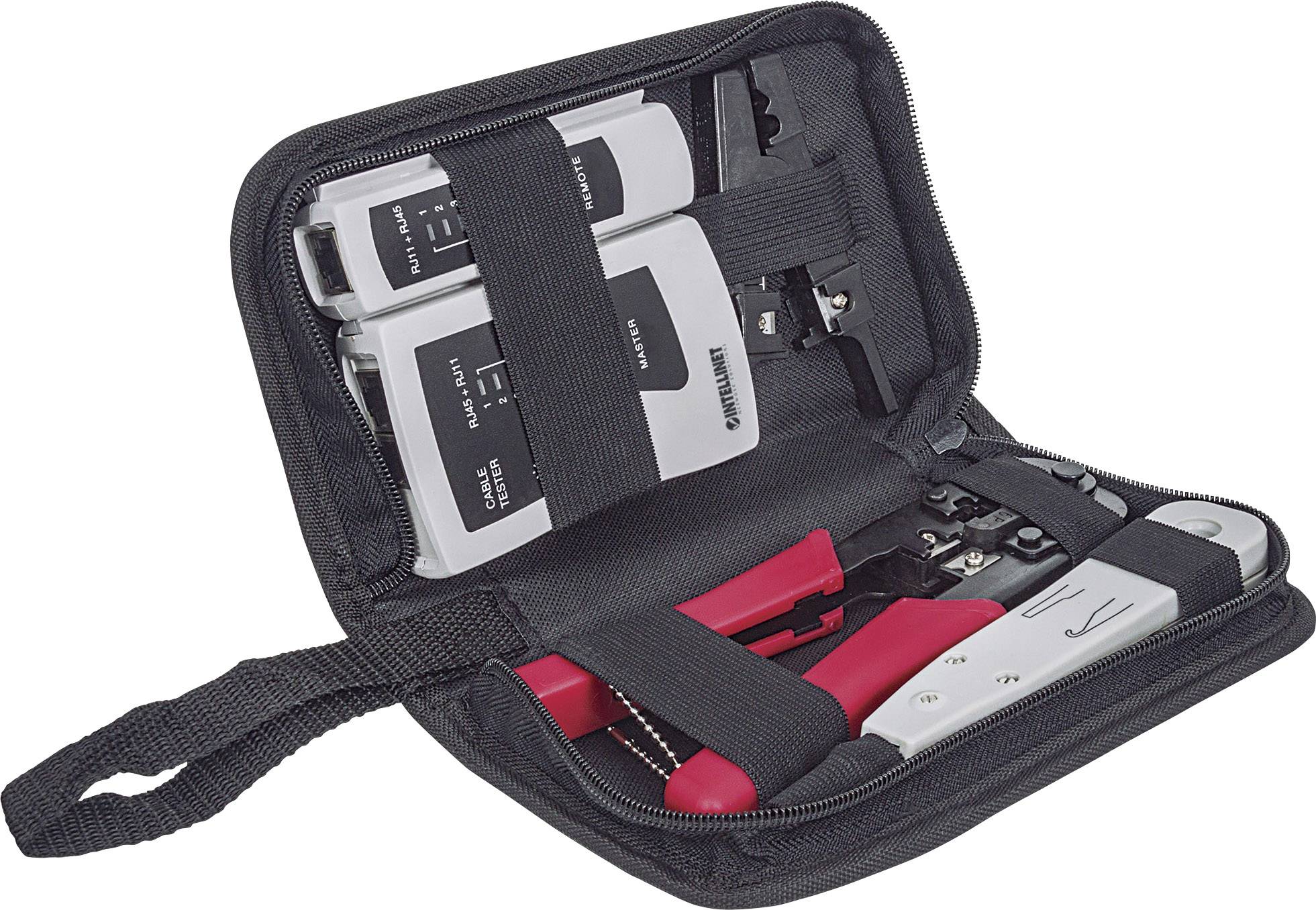 Otvorená sada nástrojov pre sieťové káblové prepojenia vrátane krimpovacej kleště, sieťového testeru a káblovej rezačky v čiernej taške.