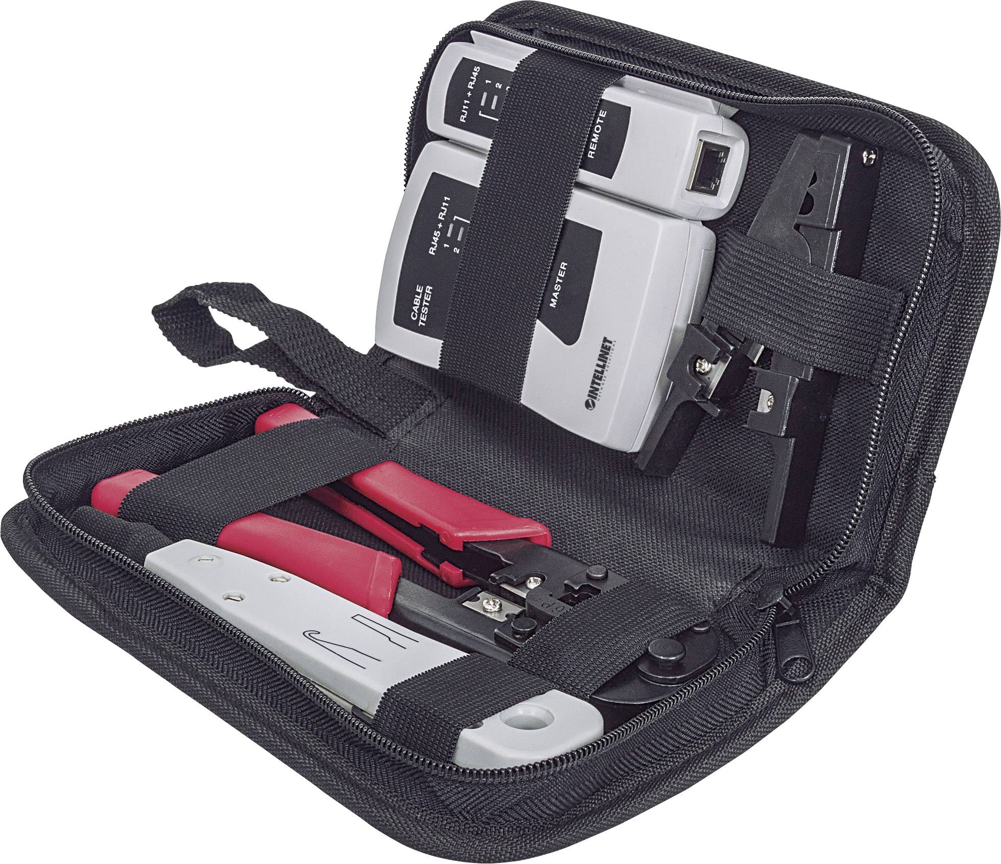 Sada nástrojov v čiernej taške obsahuje tester káblov, káblové kliešte a krimpávacie náradie. Ideálna pre sieťové inštalácie.