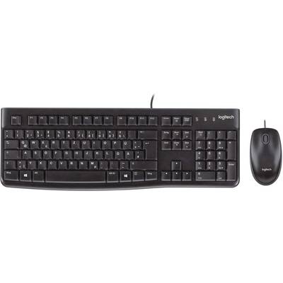 Čierna drôtová klávesnica a myš od Logitech, so štandardným rozložením klávesov a numerickým blokom na pravej strane.