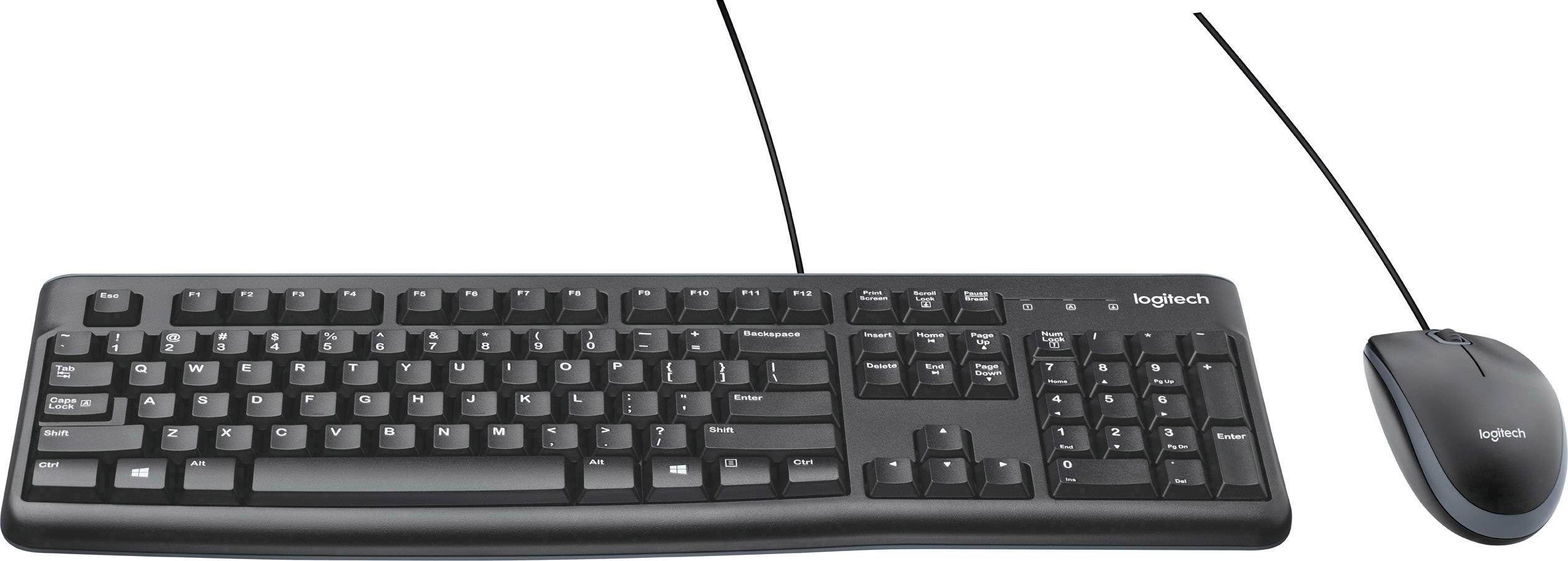 Čierna drôtová klávesnica a myš značky Logitech, ležiace vedľa seba, pred bielym pozadím.