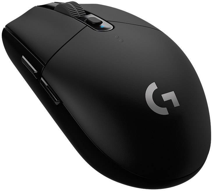Čierna počítačová myš značky Logitech s ergonomickým dizajnom, dvoma bočnými tlačidlami a rolovacím kolieskom, vhodná pre hráčov.