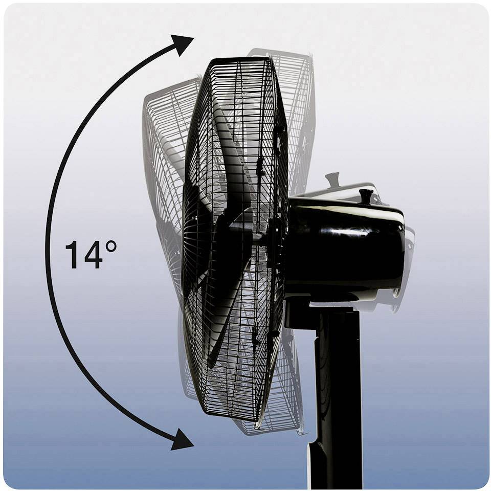 Ventilátor, zobrazený z bočnej strany, je naklonený pod uhlom 14 stupňov.