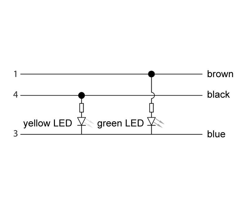 Schéma jednoduchého zapojenia s dvoma LED. Žltá LED na drôte 1 a zelená LED na drôte 4; obe prepojené modrým drôtom 3.