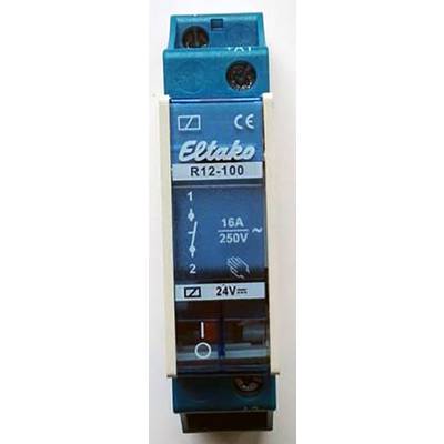Modrý Eltako R12-100 impulzný spínač pre 16A a 250V s CE označením. Zobrazuje kontaktovú schému a prúd 24V cievky.