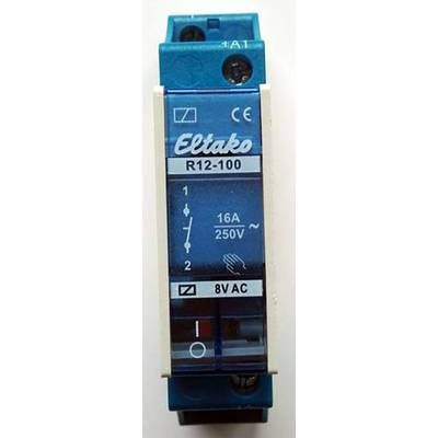 Modrý reléový modul, označený ako 'Eltako R12-100'. Zobrazuje elektrické špecifikácie: 16A, 250V, 8VAC.