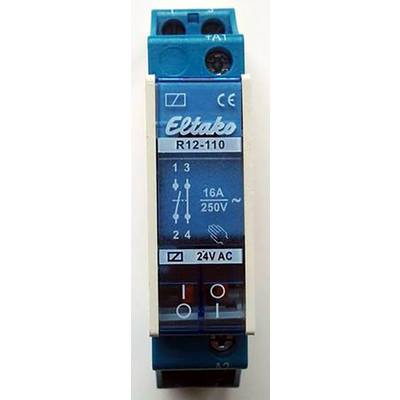 Modrý Eltako R12-110 relé s označeniami pre 16A, 250V a 24V AC.