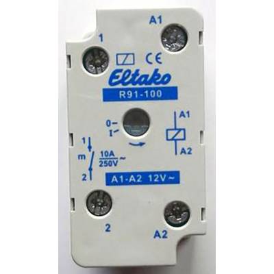 Elektromagnetické relé značky Eltako, model R91-100, s pripojeniami a schémou zapojenia, vhodné pre 10A 250V a 12V~.
