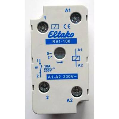 Biele relé Eltako R91-100 pre 230V a 10A, s pripojovaciumi svorkami A1, A2 a nákresmi zapojenia, zobrazujúce CE označenie.