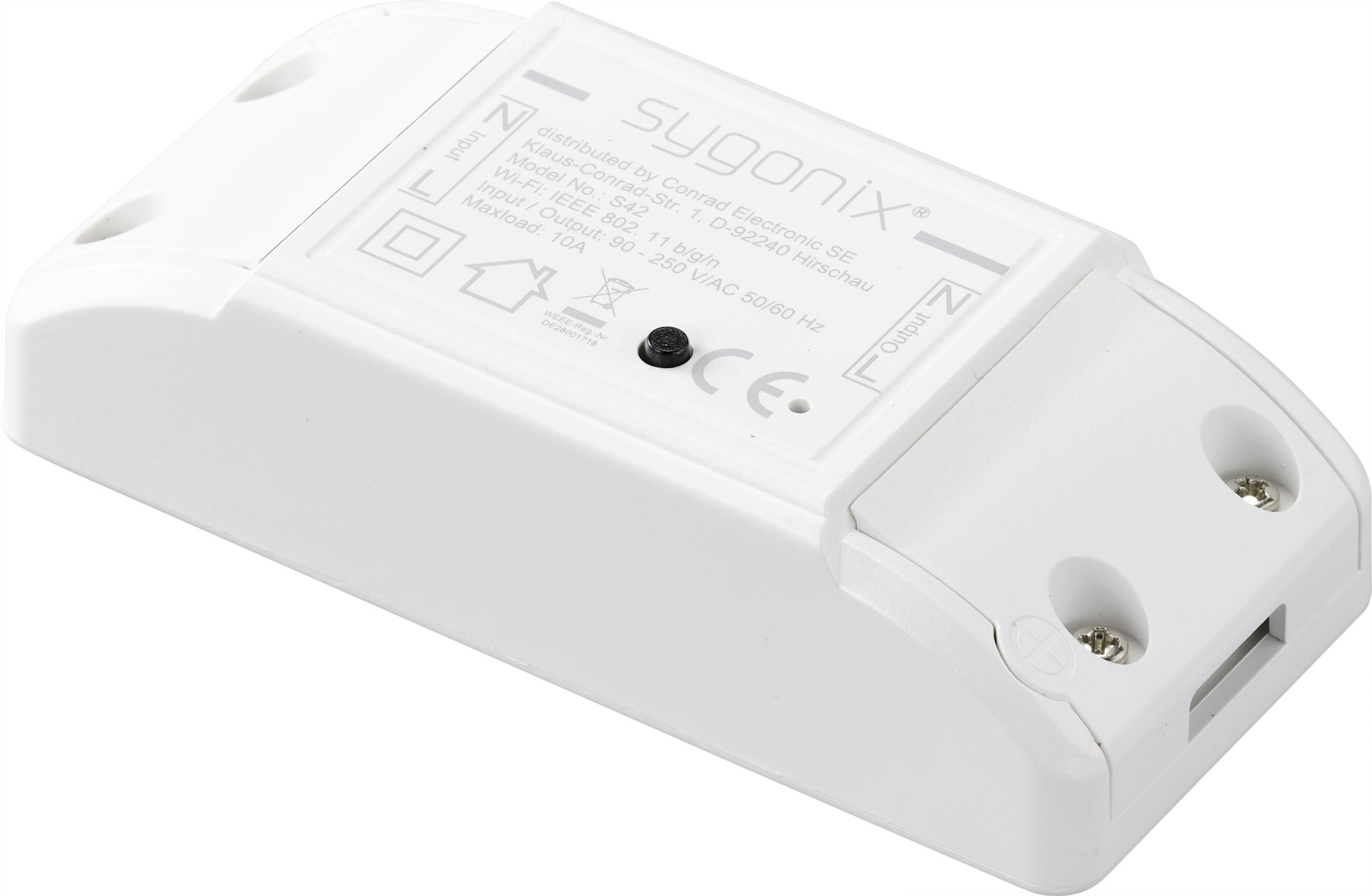 Biela, obdĺžniková elektronická súčiastka s pripájacími svorkami a výrobcovými informáciami na hornej strane.