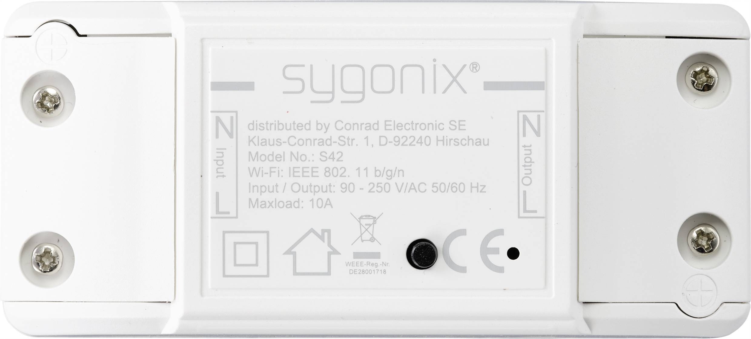Zariadenie Sygonix, model č. S42, podporuje Wi-Fi IEEE 802.11b/g/n. Vstup/výstup: 90-250V AC, maximálne zaťaženie: 10A.