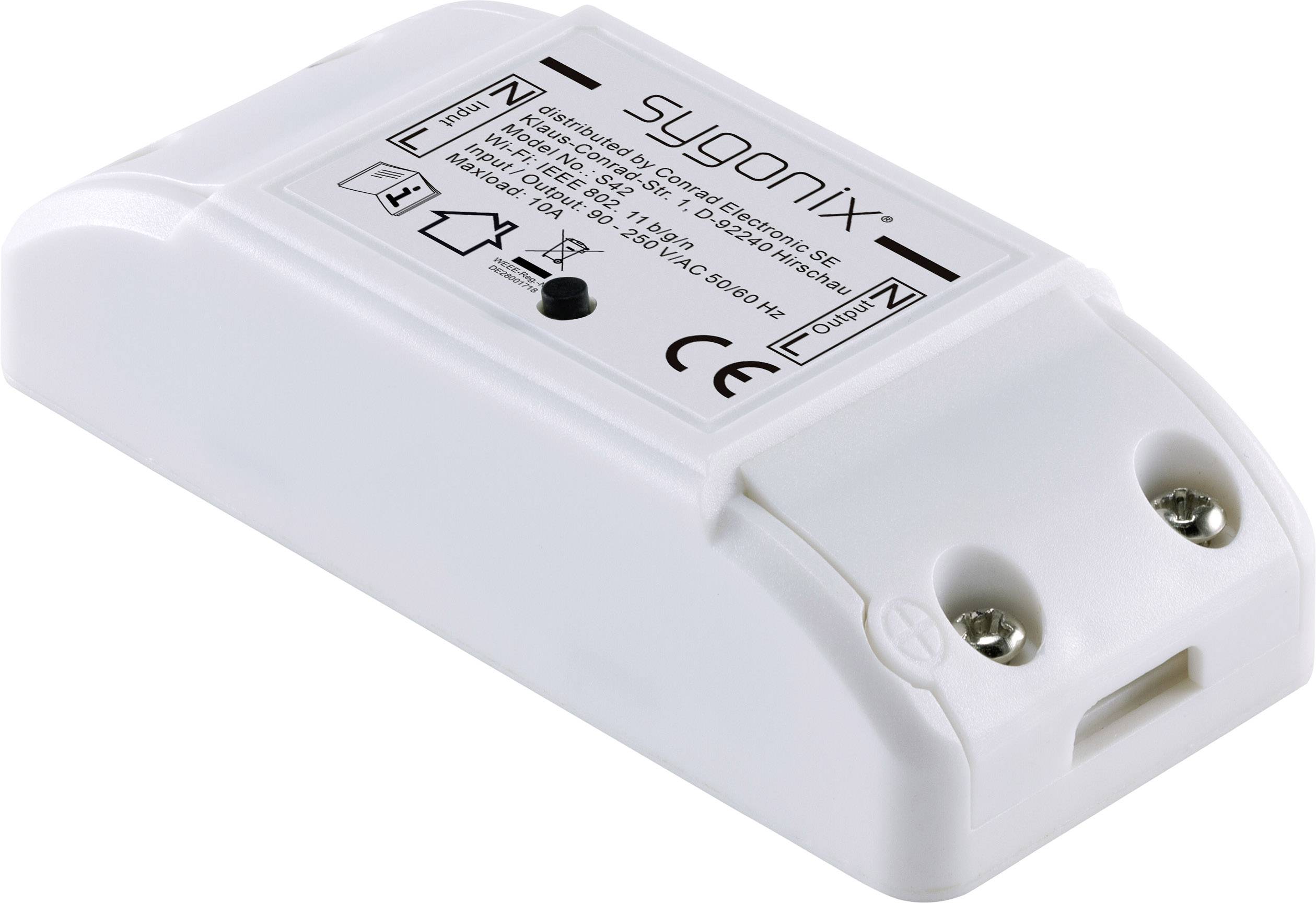 Elektrický modul s nápisom 'sygonix', zobrazujúci technické špecifikácie a označenie CE, biely kryt so skrutkovými svorkami.
