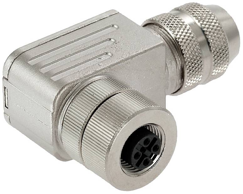 Kovový uhlový konektor s viacerými pinmi, vhodný pre priemyselné elektrické prepojenia.