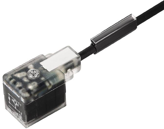 Kábel s priehľadným konektorom a čiernym obalom. Konektor odhaľuje vnútorné elektrické obvody a je vybavený LED diódou.
