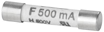 Jemná poistka s nápisom 'F 500 mA', vhodná pre elektrické obvody do 500V. Dôležitá pre elektrickú bezpečnosť.