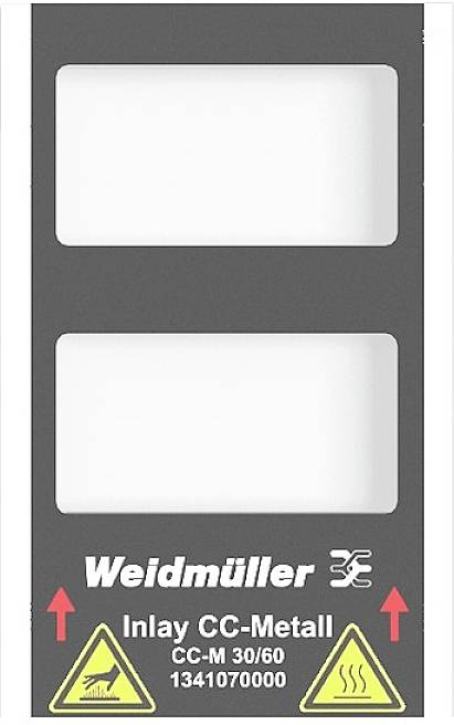 Štítok s dvoma prázdnymi poliami. Označený 'Weidmüller Inlay CC-Kov CC-M 30/60'. Výstražné symboly dole: 'Pozor' a 'Horúci povrch'.
